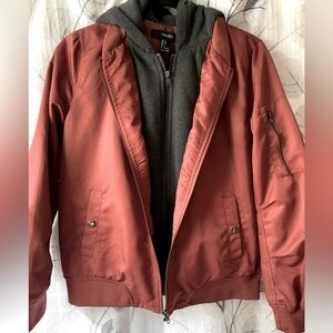 Forever 21 Rust Bomber Jacket with Gray Hoodie